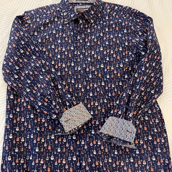 Johnston & Murphy Navy Guitar Print Casual Shirt - Picture 4 of 6